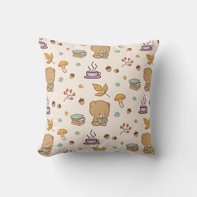 Cute Book Lovers Bear Pattern Throw Pillow (Front)