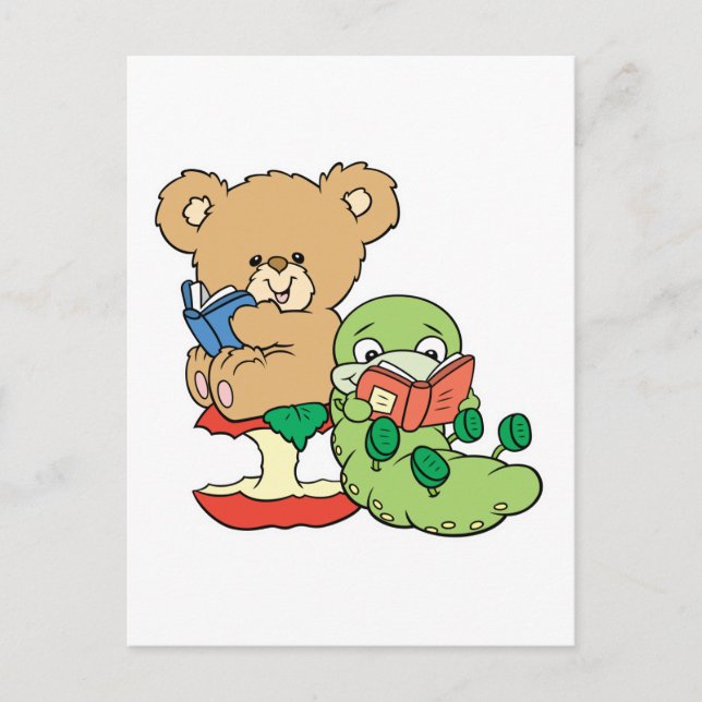 Cute Book Worm and Reading Bear Postcard (Front)