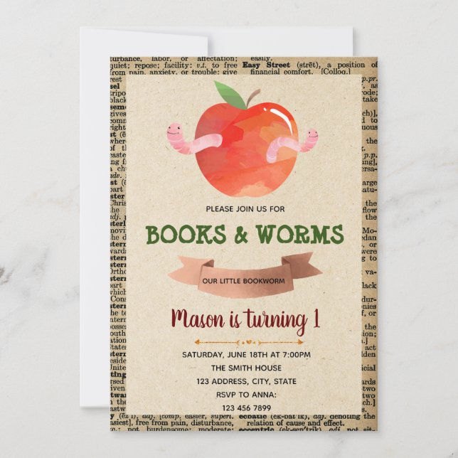 Cute book worms theme invitation (Front)