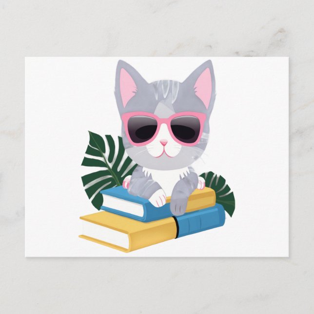 Cute Bookish Cat with Pink Glasses – Kawaii Smart  Postcard (Front)