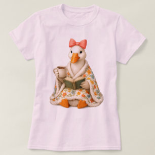 Cute Bookish Goose Drinking Coffee with Bow Fall  T-Shirt