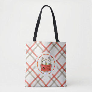 Cute Bookish Owl on Red-Taupe-White Plaid Tote Bag