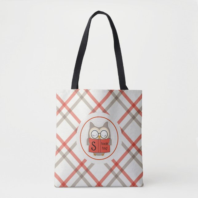 Cute Bookish Owl on Red-Taupe-White Plaid Tote Bag (Front)