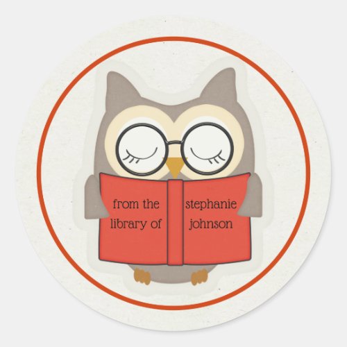 Cute Bookish Owl Red_Taupe_White Bookplate