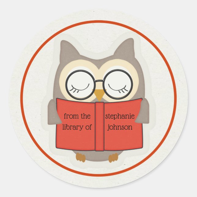 Cute Bookish Owl Red-Taupe-White Bookplate (Front)