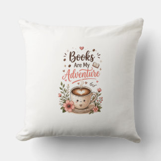 Cute Books and Coffee Reading AdventuThrow Pillow