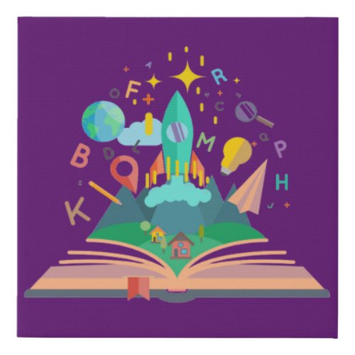 Cute books education rocket ship faux canvas print