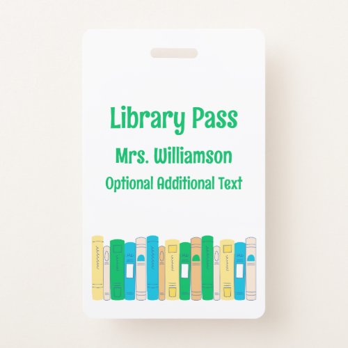 Cute Books School Library Hall Pass Badge