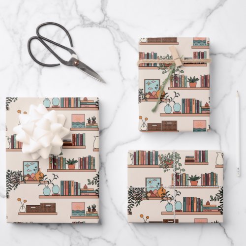 Cute Bookshelf Pattern Wrapping Paper Sheets