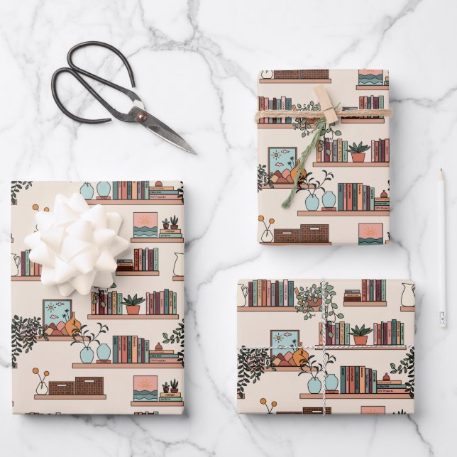 Cute Bookshelf Pattern Wrapping Paper Sheets (Front)