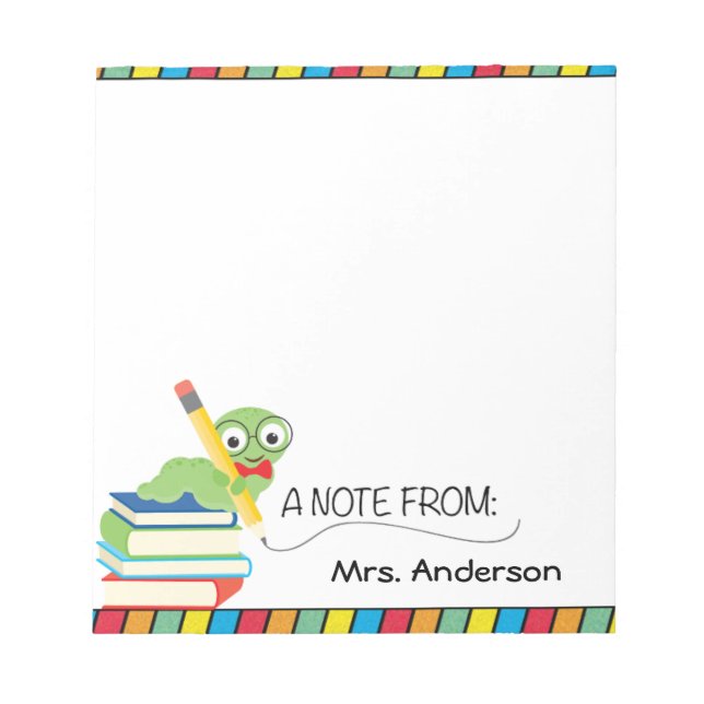 Cute Bookworm A Note From Teacher Notepad (Front)