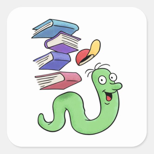 Cute Bookworm Carrying A Pile Of Books Square Sticker