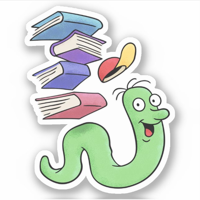 Cute Bookworm Carrying A Pile Of Books Sticker (Front)