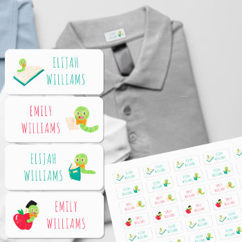 Cute Bookworm Color Coded Kids Name Labels by darlingandmay at Zazzle