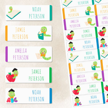 Cute Bookworm Color Coded Waterproof Kids' Labels by darlingandmay at Zazzle