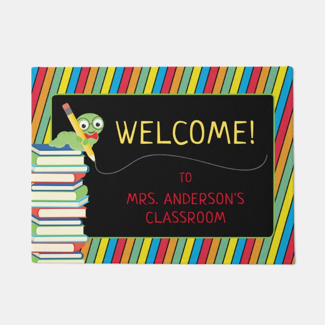 Cute Bookworm | Colorful Stripes Teacher Doormat (Front)