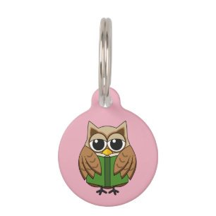 Cute Bookworm Owl Reading Book Cartoon   Add Name Pet ID Tag