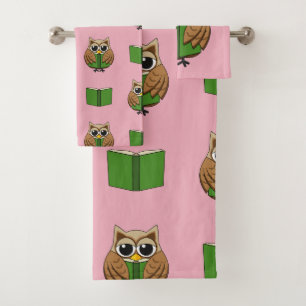Cute Bookworm Owl Reading Book Cartoon Bath Towel Set