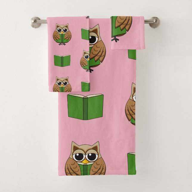 Cute Bookworm Owl Reading Book Cartoon Bath Towel Set (Insitu)