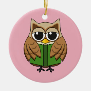 Cute Bookworm Owl Reading Book Cartoon Ceramic Ornament