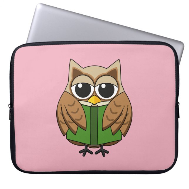 Cute Bookworm Owl Reading Book Cartoon Laptop Sleeve (Front)