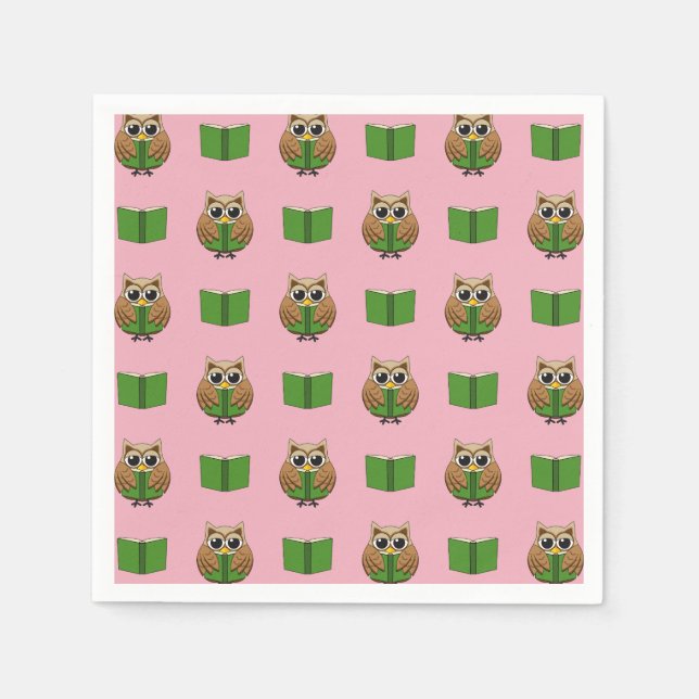 Cute Bookworm Owl Reading Book Cartoon Napkins (Front)