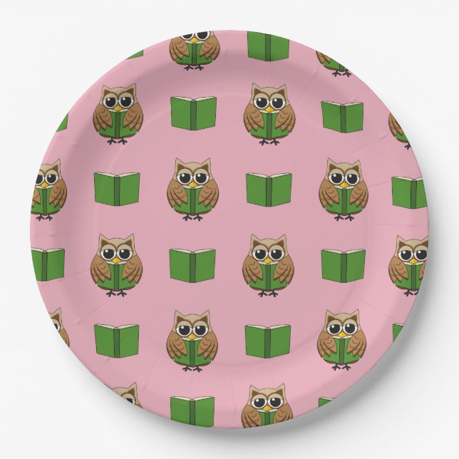 Cute Bookworm Owl Reading Book Cartoon Paper Plates (Front)