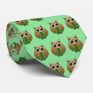 Cute Bookworm Owl Reading Book Cartoon Pattern Neck Tie