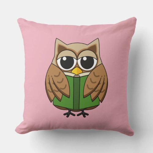 Cute Bookworm Owl Reading Book Cartoon Throw Pillow