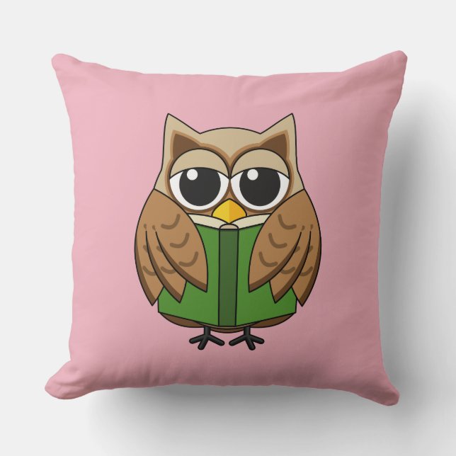 Cute Bookworm Owl Reading Book Cartoon Throw Pillow (Front)