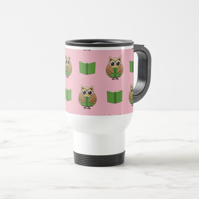 Cute Bookworm Owl Reading Book Cartoon Travel Mug (Front Right)