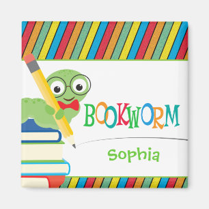 Cute Bookworm Sitting on Books Personalized Magnet
