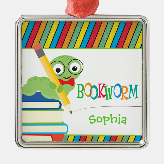 Cute Bookworm Sitting on Books Personalized Metal Ornament (Front)
