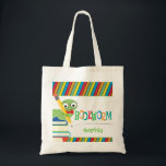 Cute Bookworm Sitting on Books Personalized Tote Bag<br><div class="desc">This bag features a bookworm holding a pencil and sitting on a stack of books. The background is a colorful diagonal stripe pattern with a white box in the center and the colorful word: Bookworm. Customizable text allows you to personalized this bag.</div>