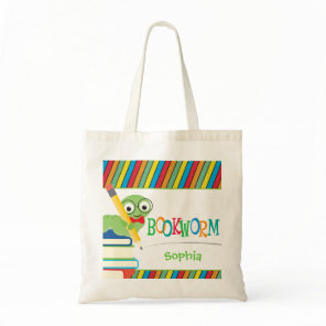 Cute Bookworm Sitting on Books Personalized Tote Bag