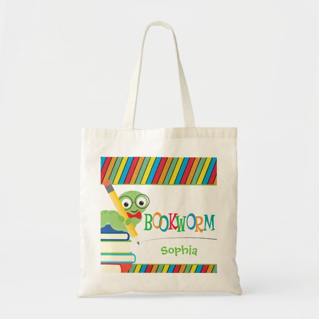 Cute Bookworm Sitting on Books Personalized Tote Bag (Front)