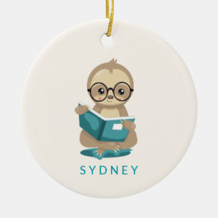 Cute Bookworm Sloth Reading Books Personalized Ceramic Ornament