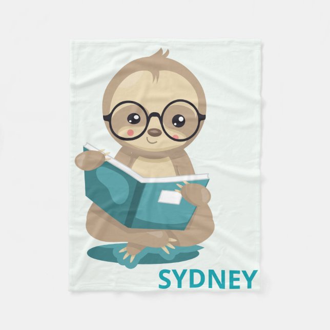 Cute Bookworm Sloth Reading Books Personalized Fleece Blanket (Front)