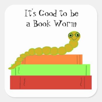 Cute Bookworm Square Sticker by seashell2 at Zazzle