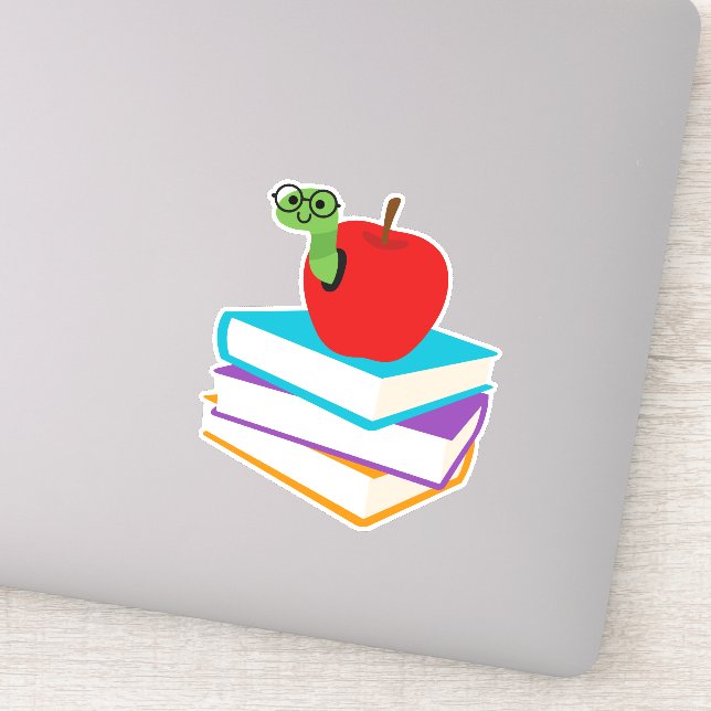 Cute bookworm with apple children's design sticker (Detail)