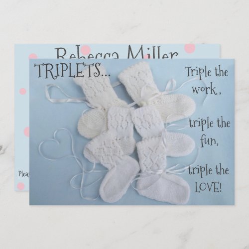 Cute booties with heart triplets baby shower invitation