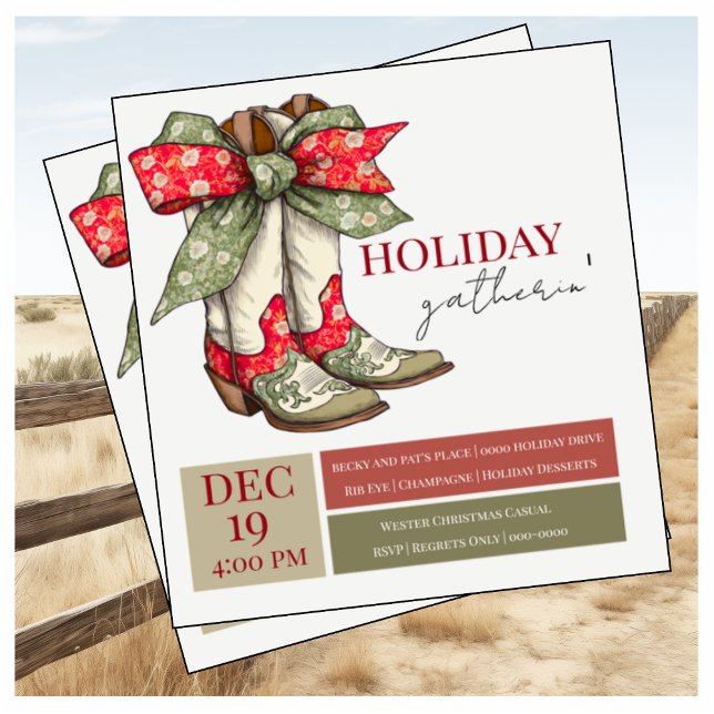 Cute Boots and Bow Holiday Party  Announcement (Western themed holiday party invitation that is fully customizable. )