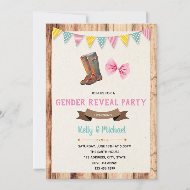Cute boots or bows gender reveal invitation (Front)