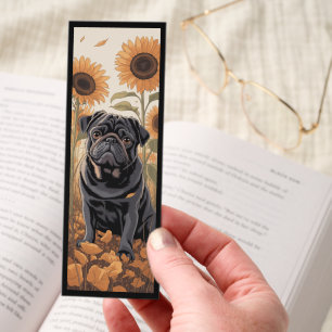Cute Border Black Pug/Sunflowers Bookmarks