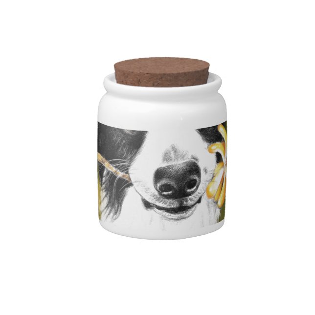 Cute Border Collie And Flowers Candy Jar (Front)