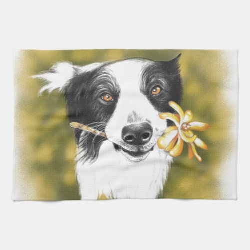 Cute Border Collie And Flowers Kitchen Towel