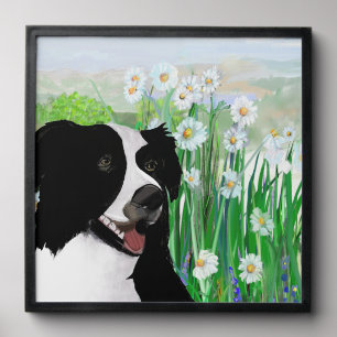 Cute, Border Collie Daisies Wall Art Poster Peel And Stick Photo Tile