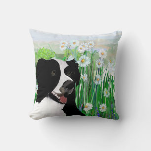 Cute, Border Collie Daisies Wall Art Poster Throw Pillow