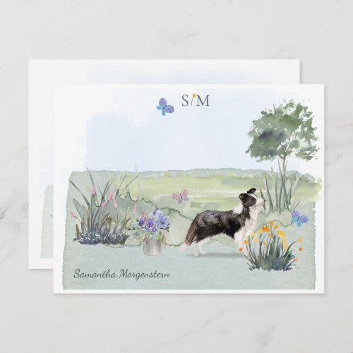 Cute Border Collie Dog Butterfly Monogram Name  Note Card