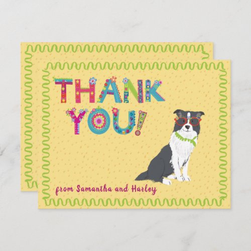 Cute Border Collie Dog Colorful Floral Letters    Thank You Card